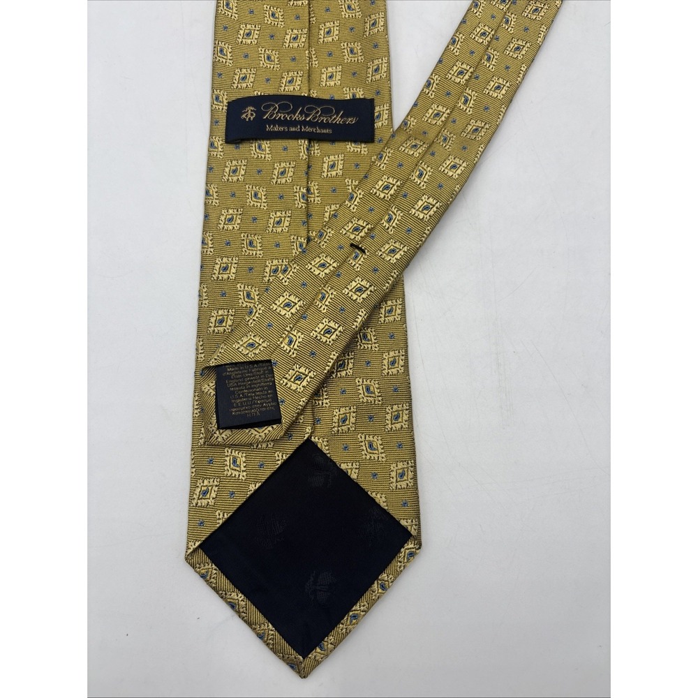 Brooks Brothers Repp Tie 100% Silk Makers & Merchants Yellow Blue Geometric